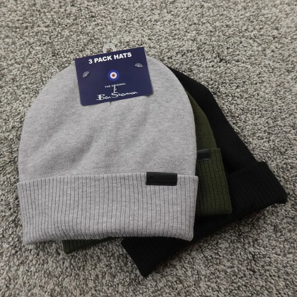 NEW Ben Sherman Hat Beanie Cap‎ Mens One Size Black Gray Green Knit 3 Pack Warm